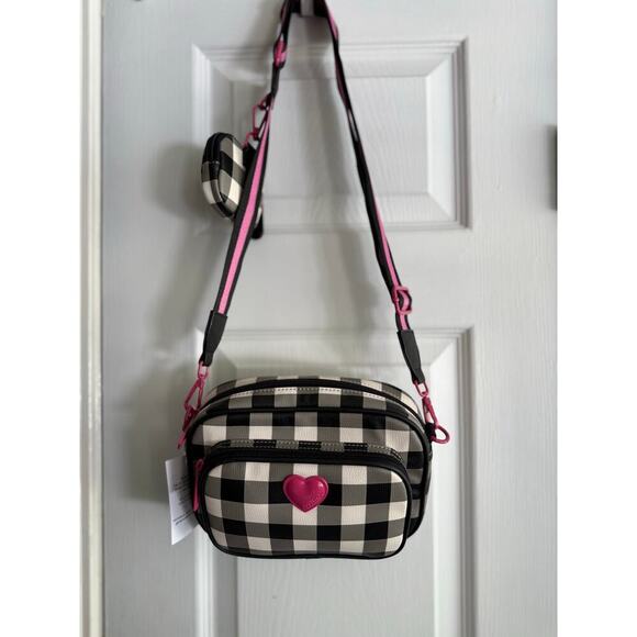 Betsey Johnson Black White Pink Gingham Crossbody 90s Y2K Bag Purse - Picture 3 of 10